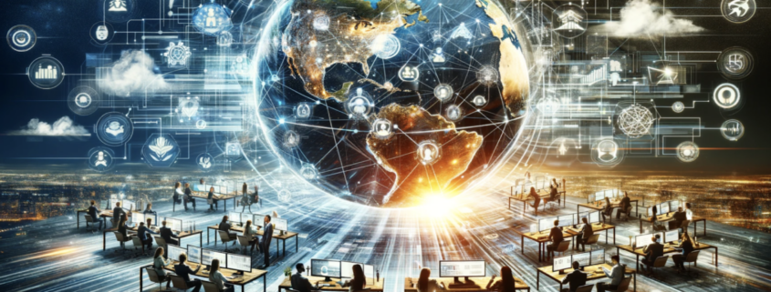 An illustration of a helpdesk team working at their desks with a digital globe above them, showcasing global connections.